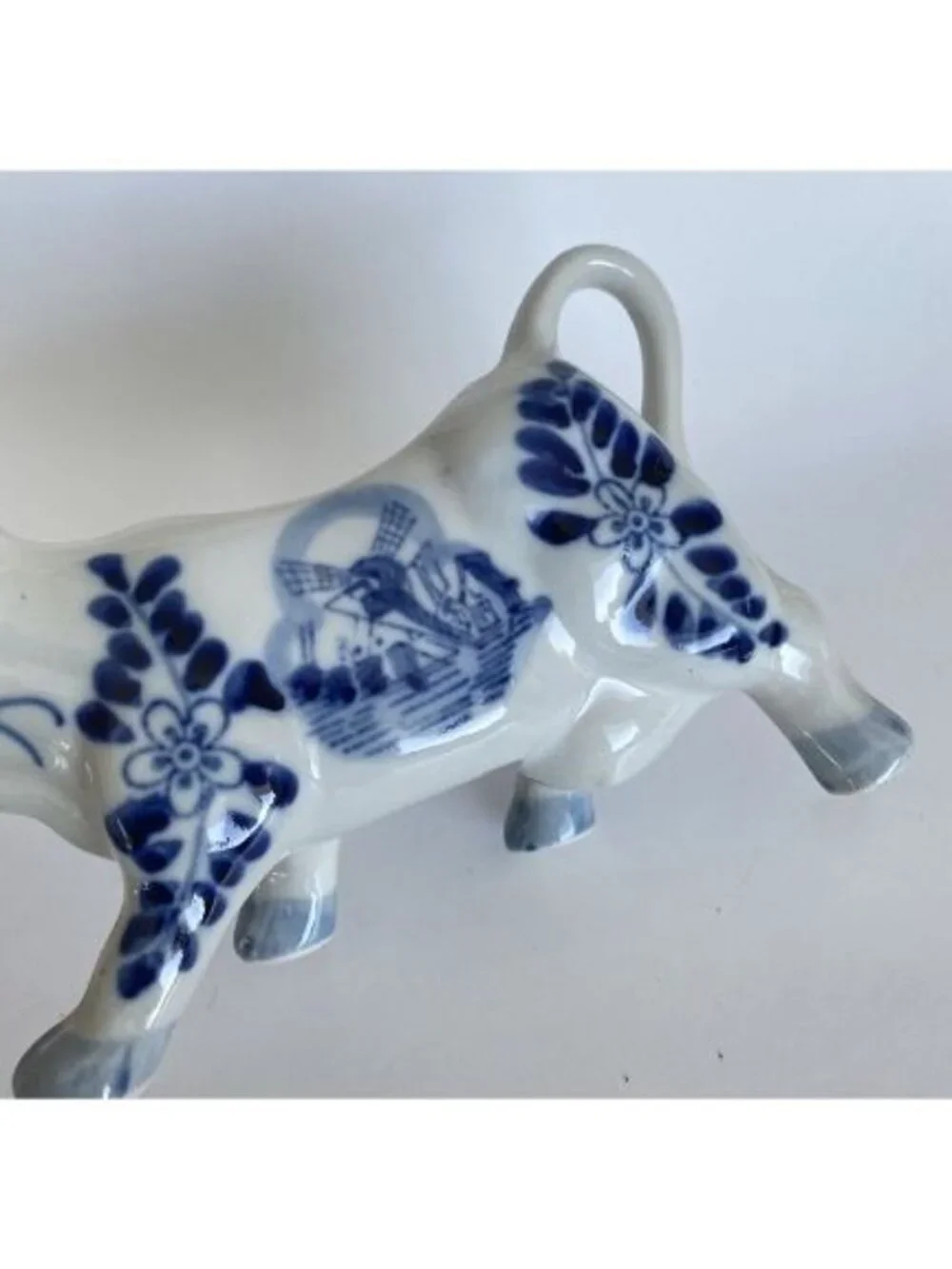 Delft Hand Painted Blue Cow Pitcher Creamer Holland Windmill Floral Vintage